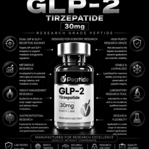 Infographic of a GLP-2 Tirzepatide vial by VPeptide, with 30 mg dose and research-use notes on a black background.