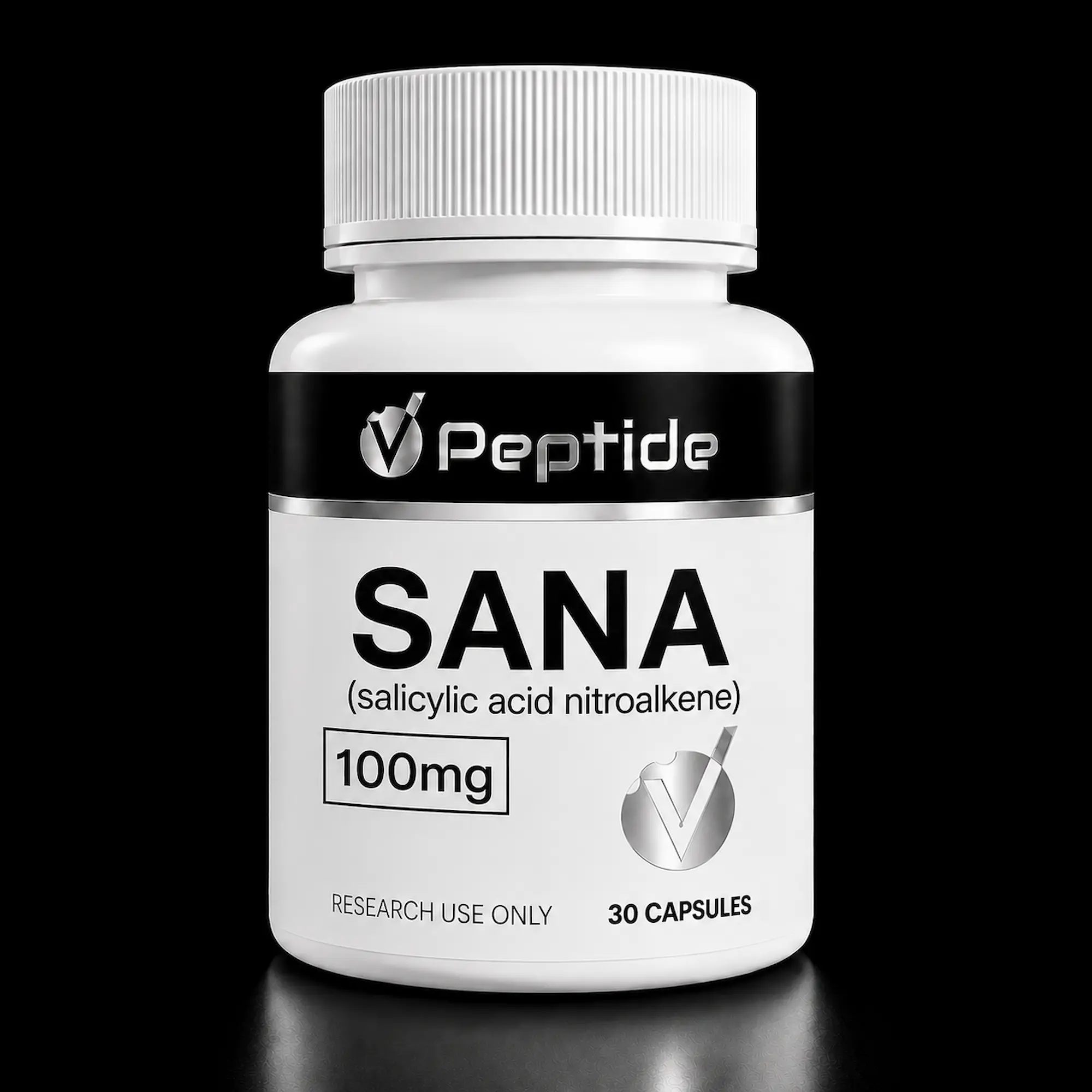Close-up of a white supplement bottle with a black label showing 'SANA' and 'Peptide' branding, 100 mg, 30 capsules, on black background, for research use only.