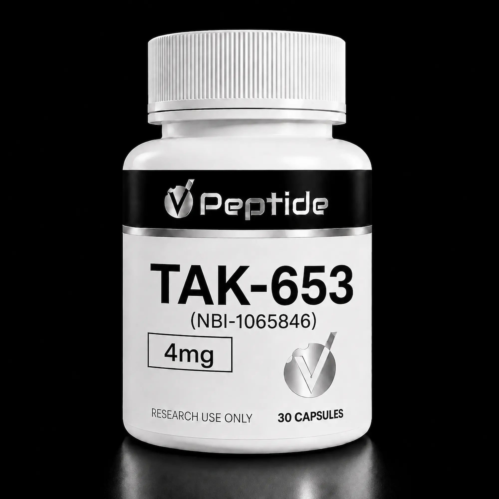 Close-up of a white medicine bottle with a ribbed cap. The label shows TAK-653 (NBI-1065846) and 30 capsules on a black background.