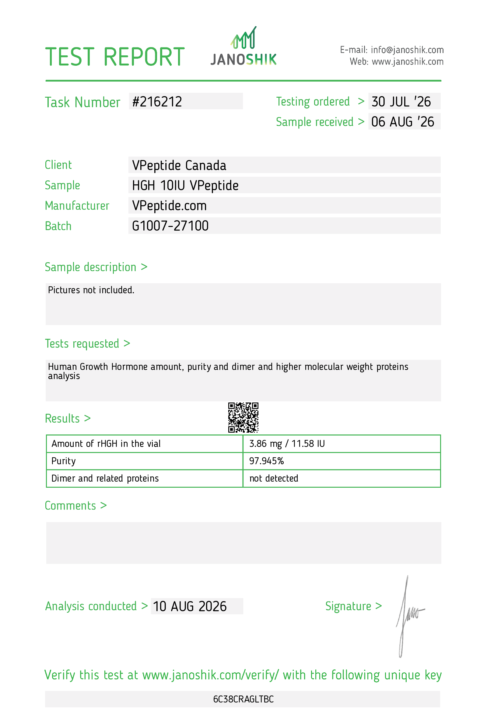 Test Report #216212 Professional test report header with logo, showing task number and sample details including client, sample, manufacturer, and batch information.