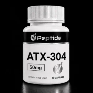 Close-up of a white bottle with a silver ribbed cap; label shows 'Peptide' and 'ATX-304', 50 mg, 30 capsules, for research use only.