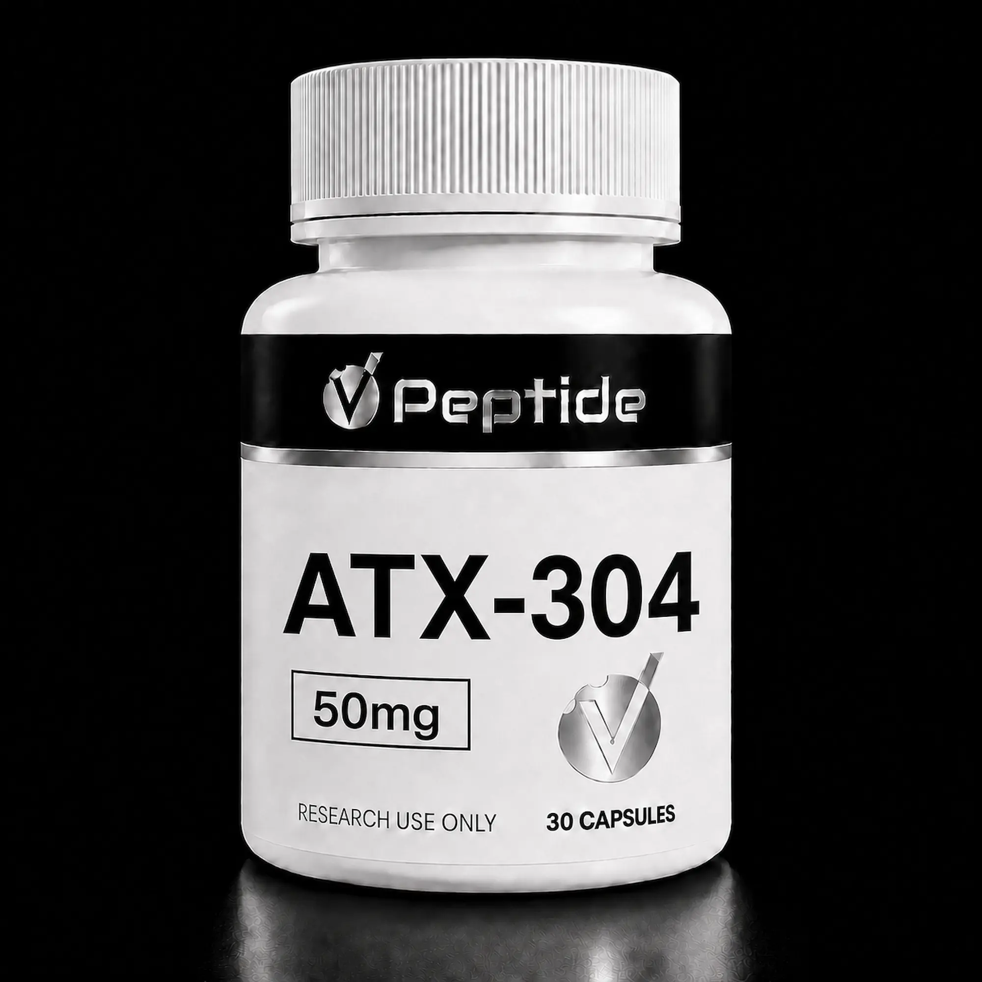 Close-up of a white bottle with a silver ribbed cap; label shows 'Peptide' and 'ATX-304', 50 mg, 30 capsules, for research use only.