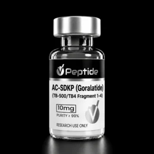 Close-up of a glass vial with a silver cap, black label reading 'Peptide' and white label text for research use only (AC-SDKP/Gorlatide).