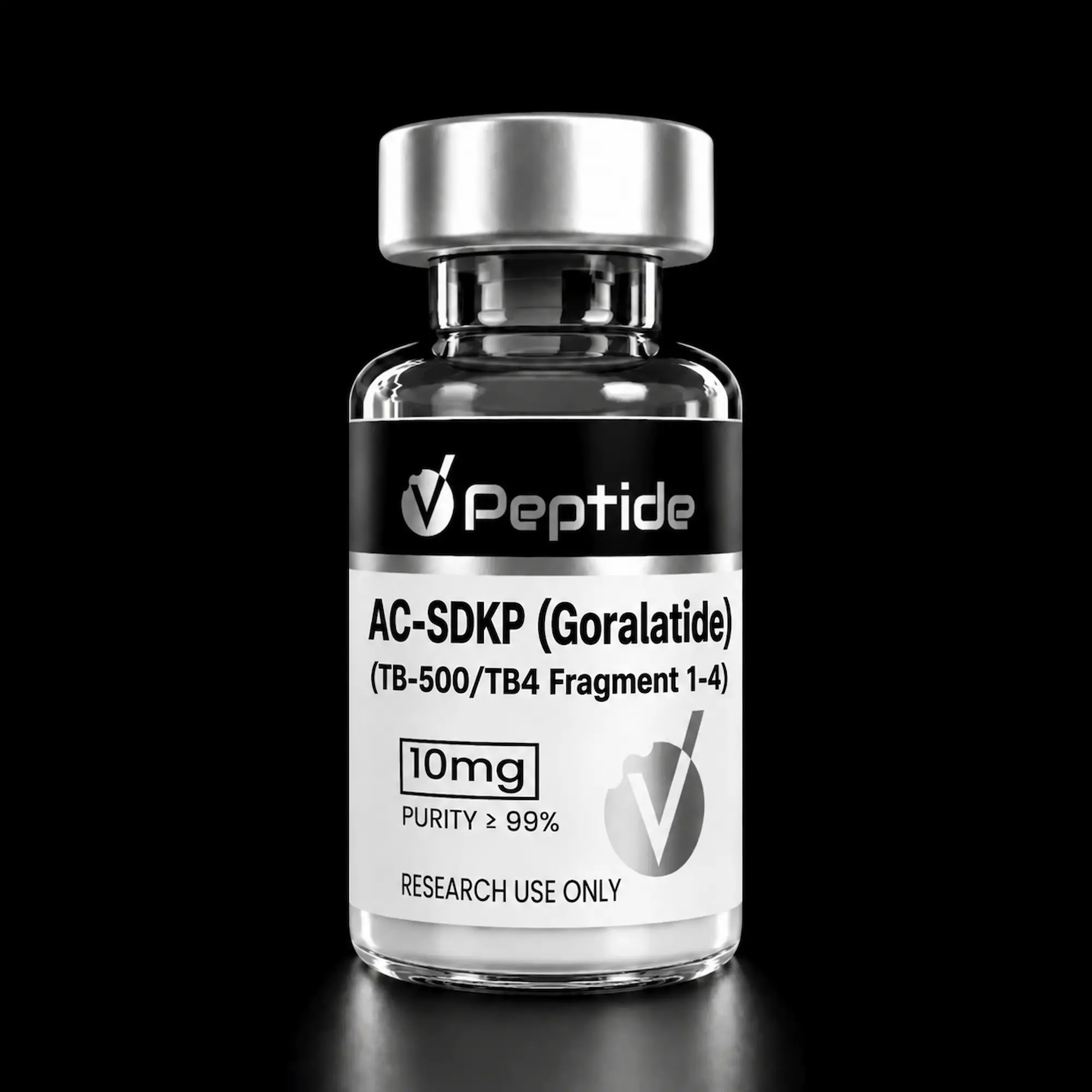 Close-up of a glass vial with a silver cap, black label reading 'Peptide' and white label text for research use only (AC-SDKP/Gorlatide).