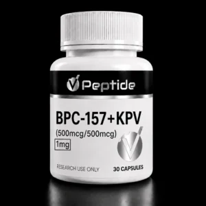 White bottle with ribbed cap on a black background; label shows 'Peptide', 'BPC-157 + KPV', '500mcg/500mcg', '30 capsules', and 'RESEARCH USE ONLY'