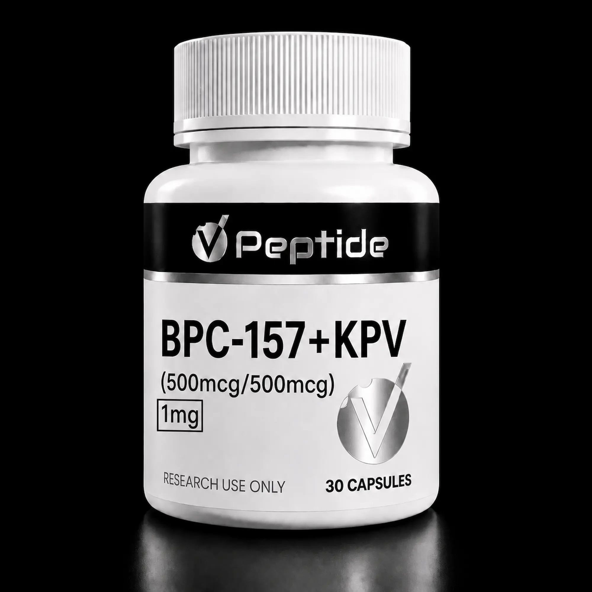 bpc kpv White bottle with ribbed cap on a black background; label shows 'Peptide', 'BPC-157 + KPV', '500mcg/500mcg', '30 capsules', and 'RESEARCH USE ONLY'