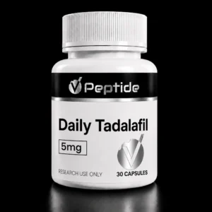 Close-up of a white dietary supplement bottle with a ribbed cap; black label shows the brand name 'Peptide' and '30 capsules' (and 'RESEARCH USE ONLY').