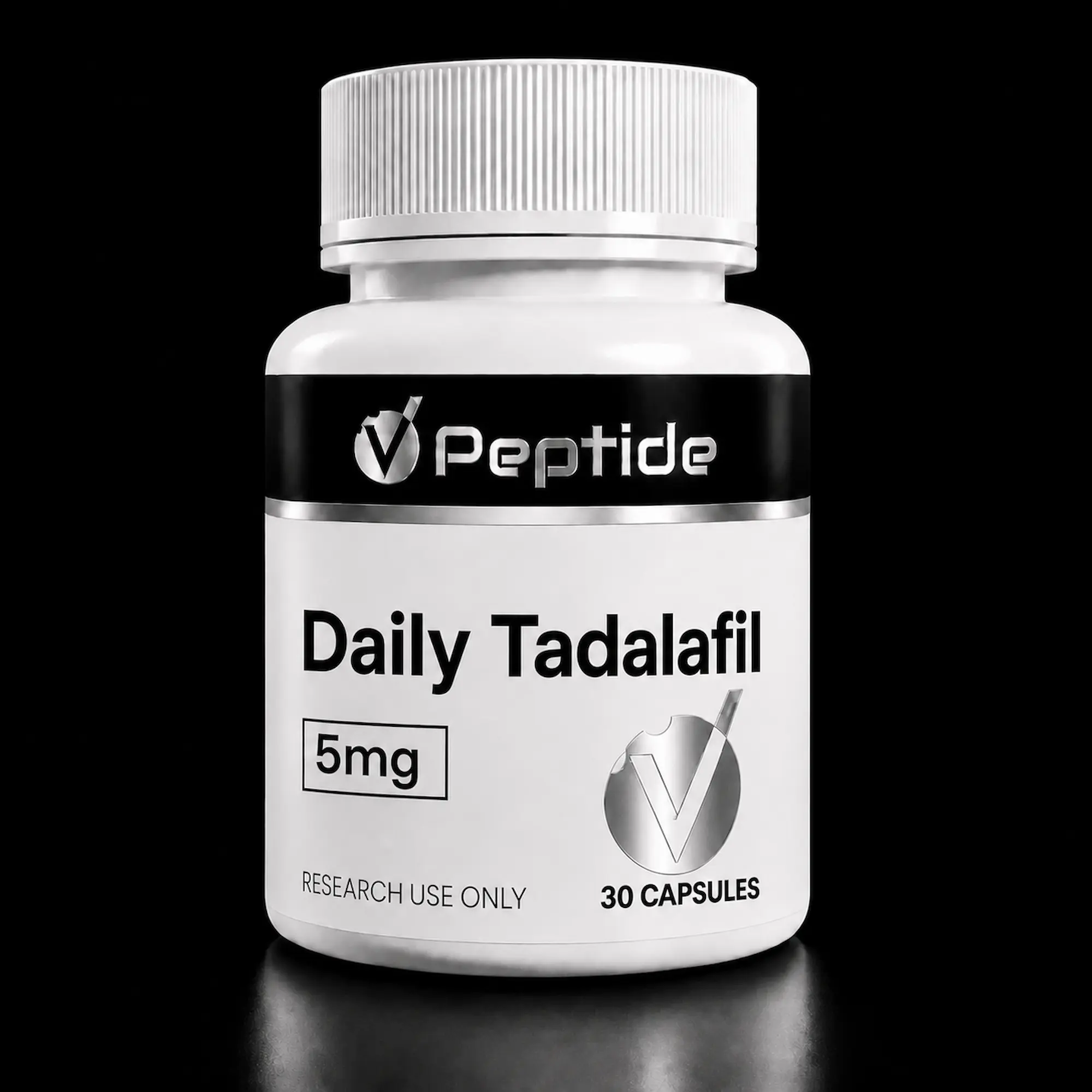 daily tadalafil Close-up of a white dietary supplement bottle with a ribbed cap; black label shows the brand name 'Peptide' and '30 capsules' (and 'RESEARCH USE ONLY').