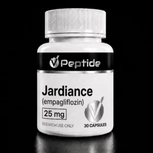 Close-up of a white prescription bottle with a ribbed cap on a black background; label shows the word Jardiance and (empagliflozin) 25 mg, 30 capsules.