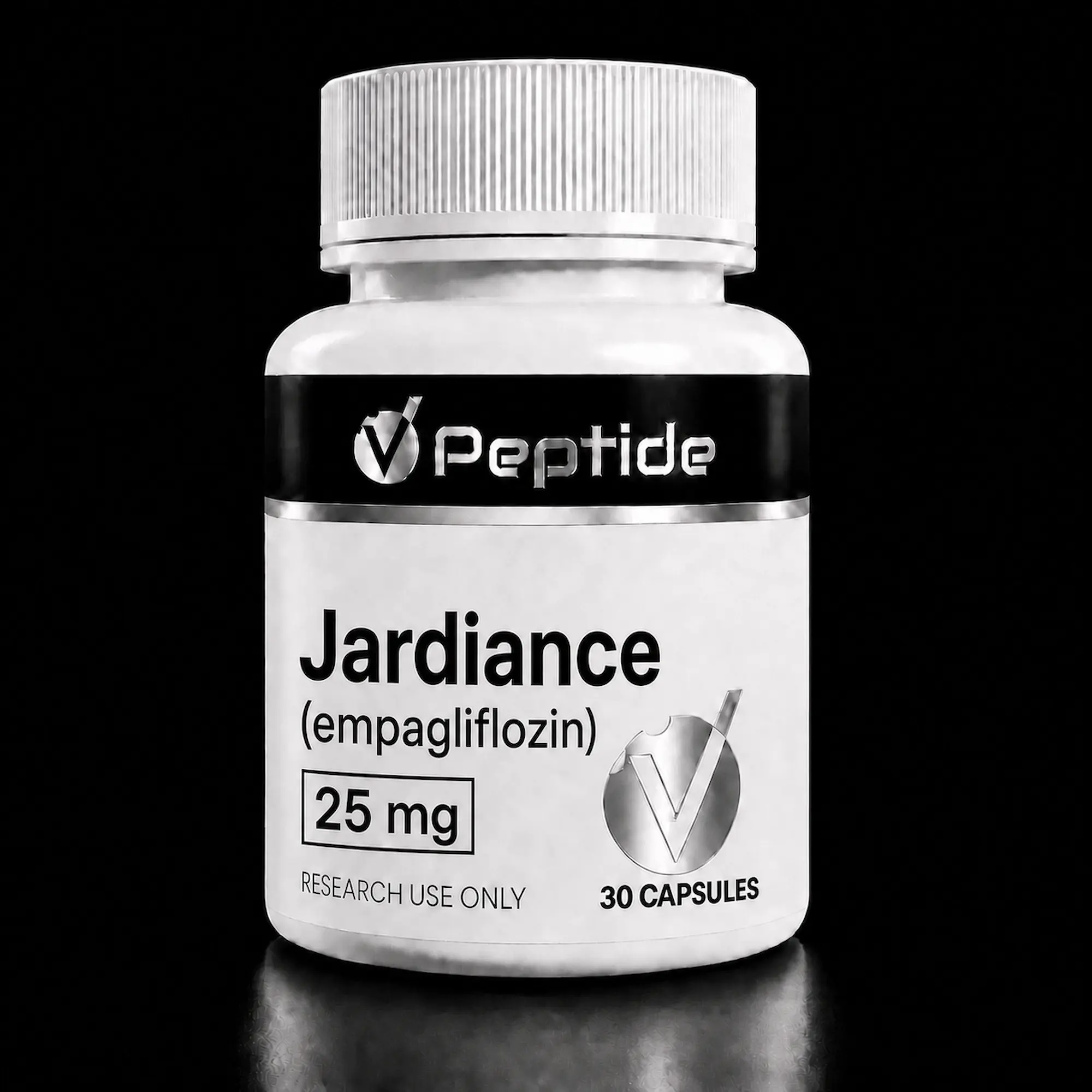 Close-up of a white prescription bottle with a ribbed cap on a black background; label shows the word Jardiance and (empagliflozin) 25 mg, 30 capsules.