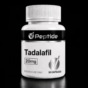 Close-up of a white medicine bottle with a ribbed cap, label reads 'Tadalafil 20 mg, 30 capsules' (for research use only).