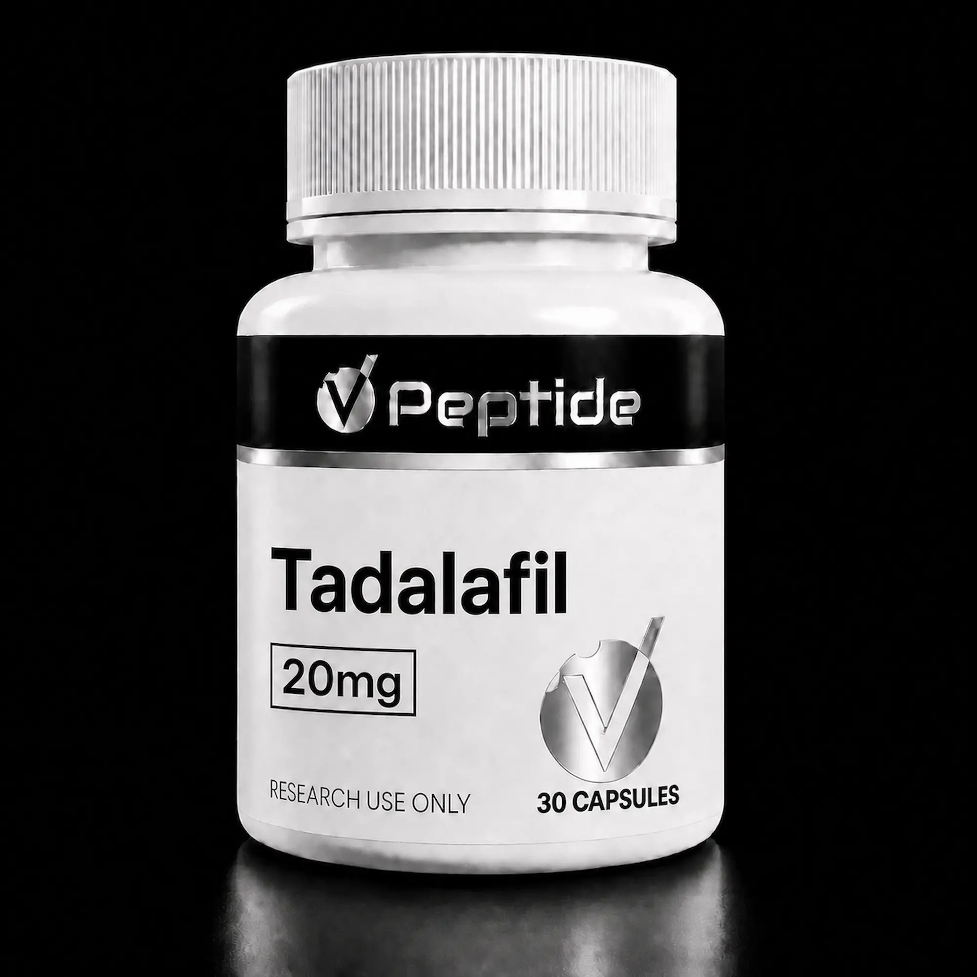 tadalafil-2 Close-up of a white medicine bottle with a ribbed cap, label reads 'Tadalafil 20 mg, 30 capsules' (for research use only).