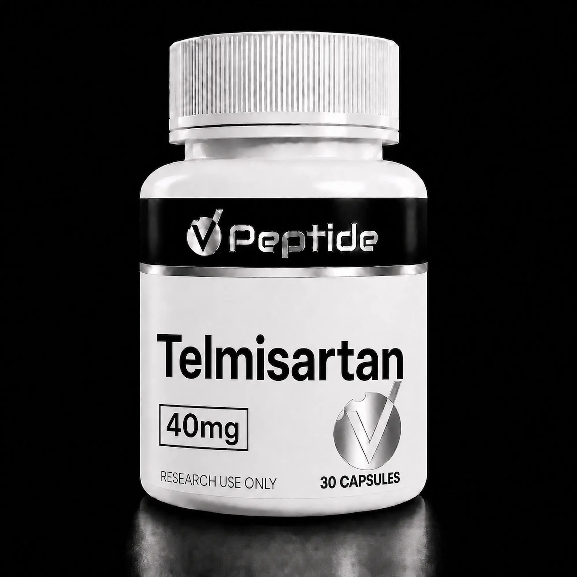 telmi Close-up of a white bottle with a ribbed silver cap and a black label showing the brand name and 40 mg / 30 capsules, for research use only.